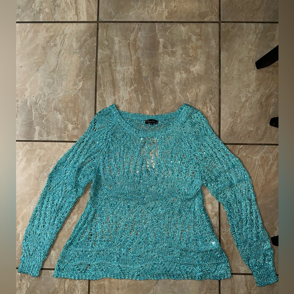 Turquoise Sequin Knit Long sleeve Top